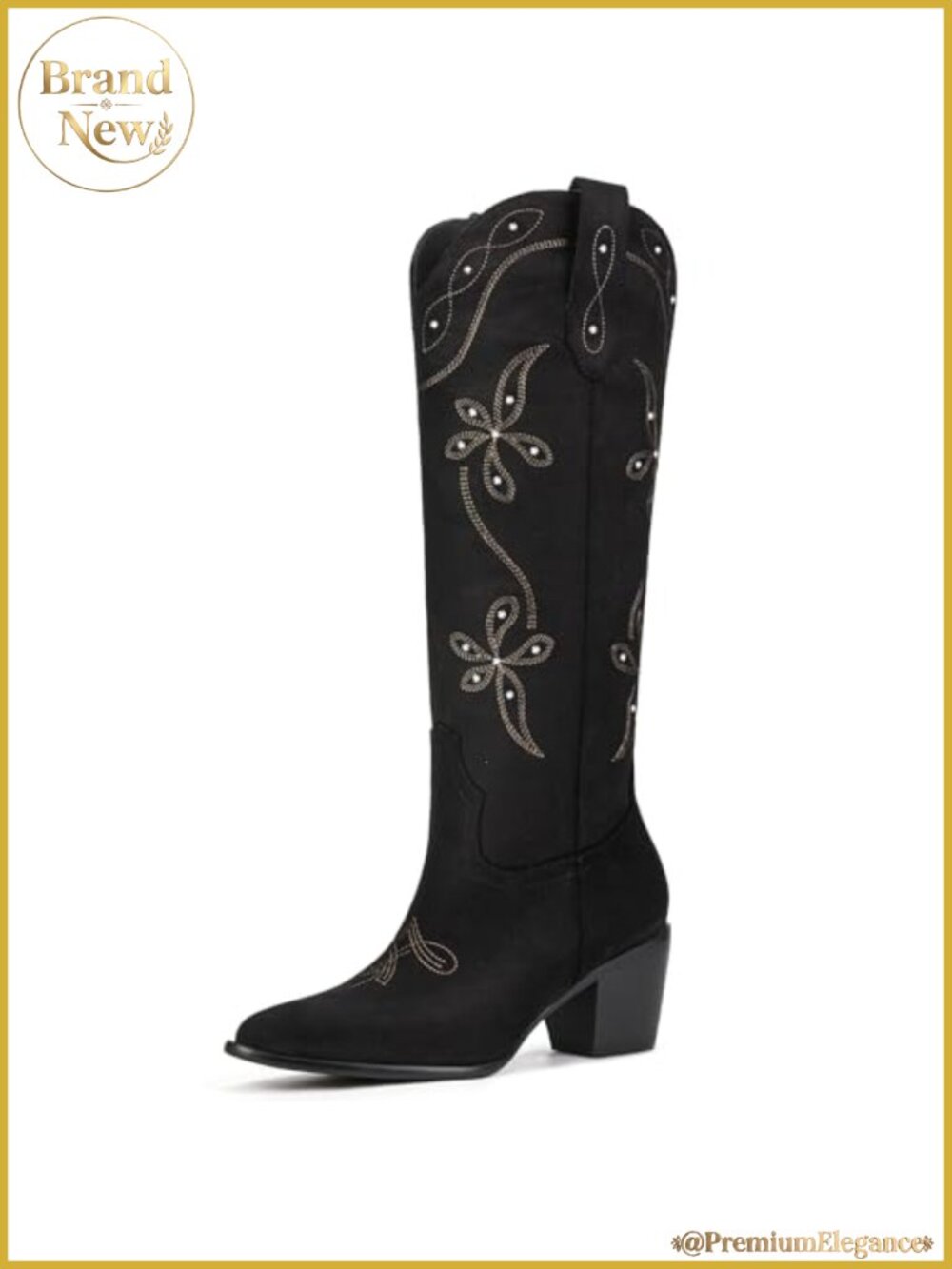 Western Cowboy Boots Knee High Faux Suede Retro Embroidery Pointed Toe